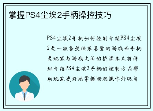 掌握PS4尘埃2手柄操控技巧